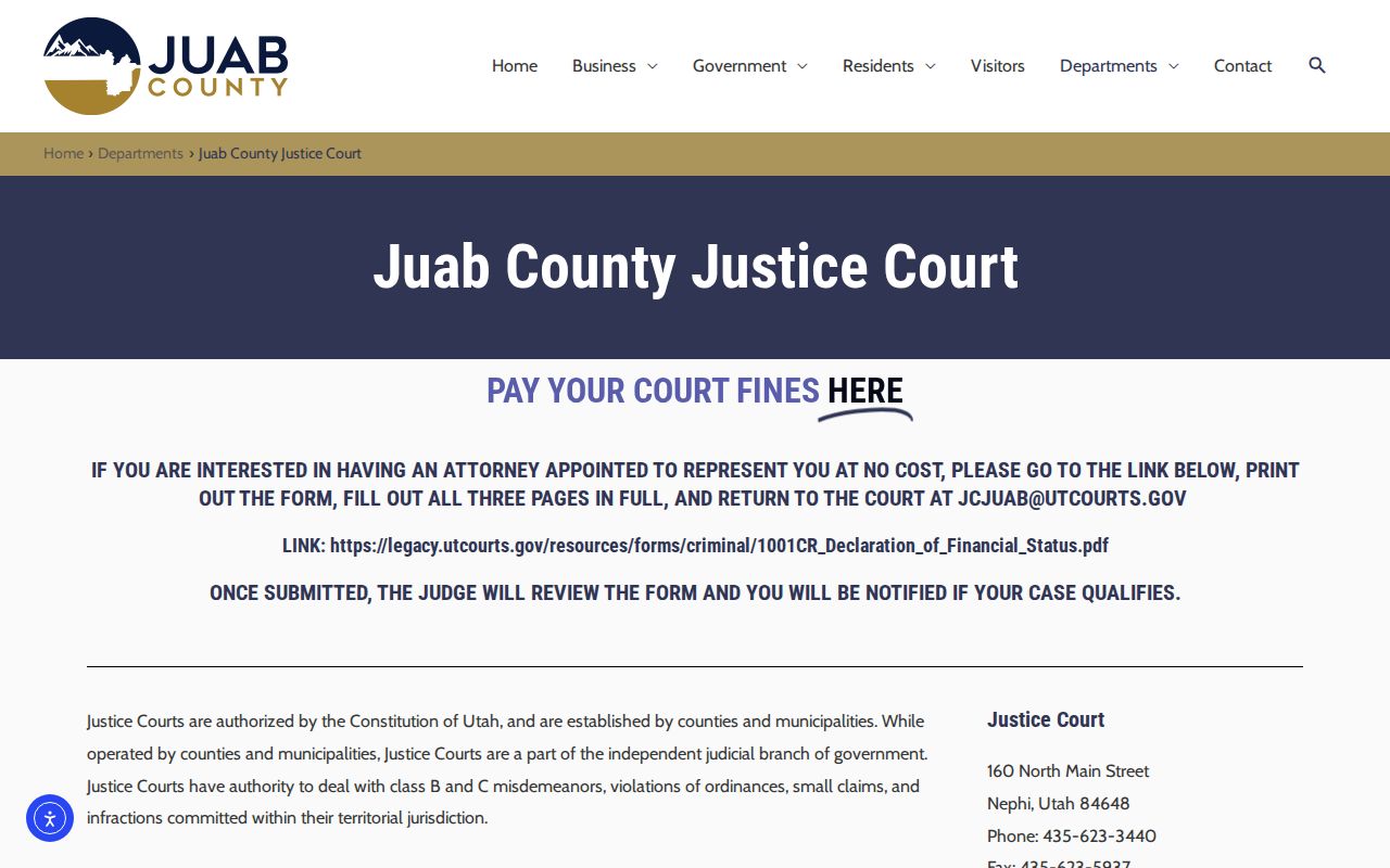 Juab County warrant records: county Justice Court contact page