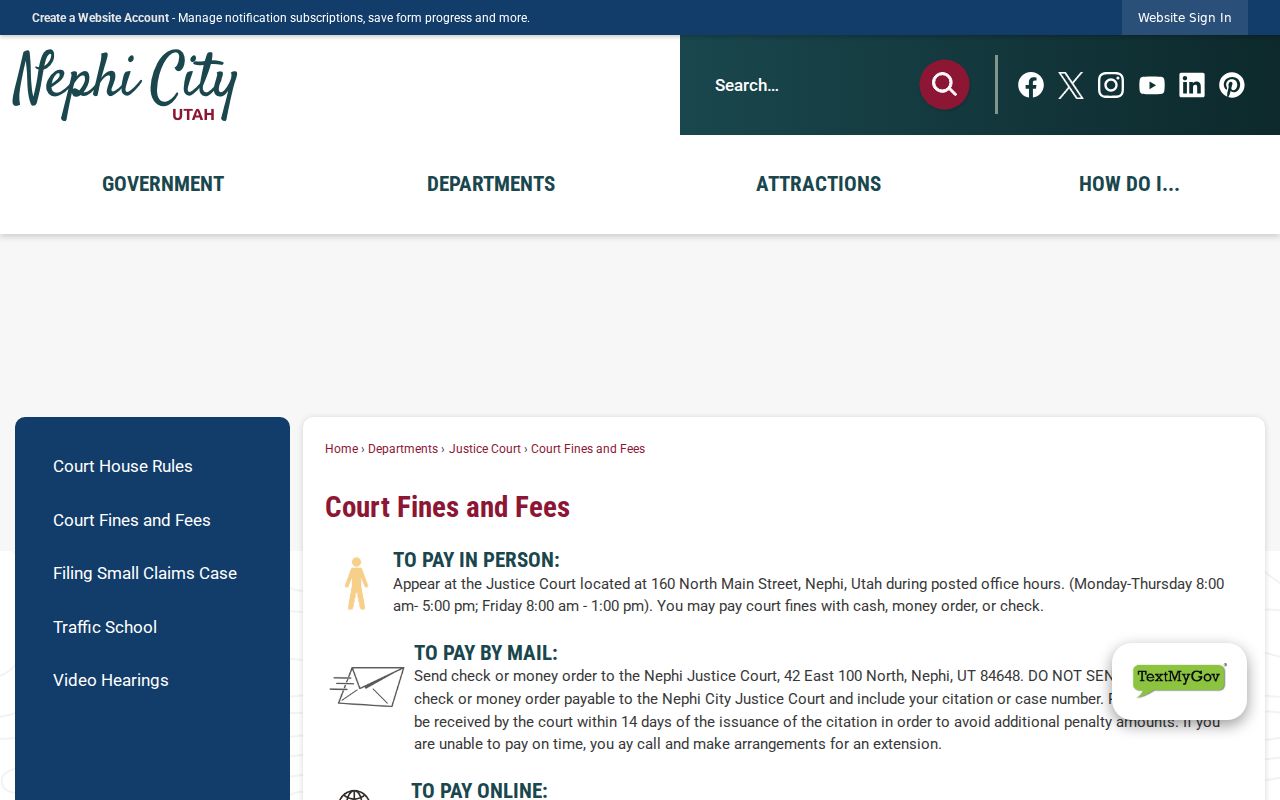 Juab County traffic warrant records: Nephi citation and case number payment fields