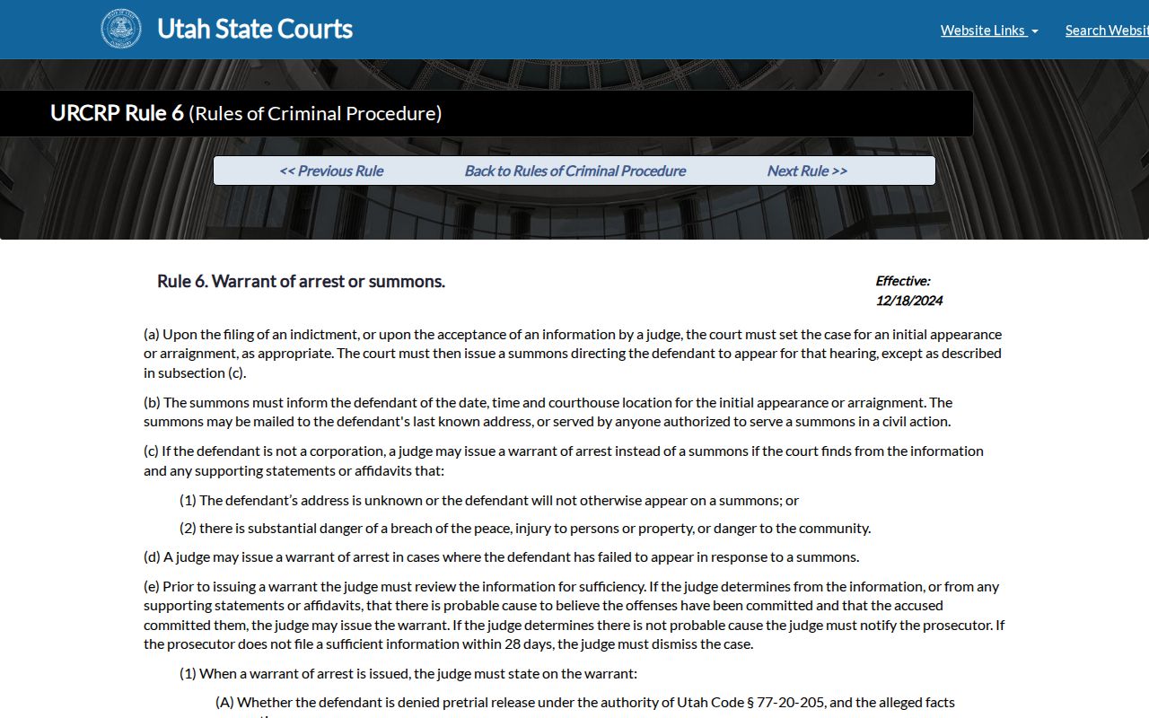 Juab County arrest warrant records: Utah Rule 6 warrant issuance standard