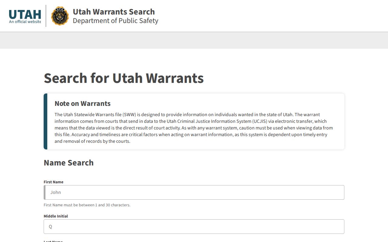 Juab County warrant search: public Utah Statewide Warrants interface