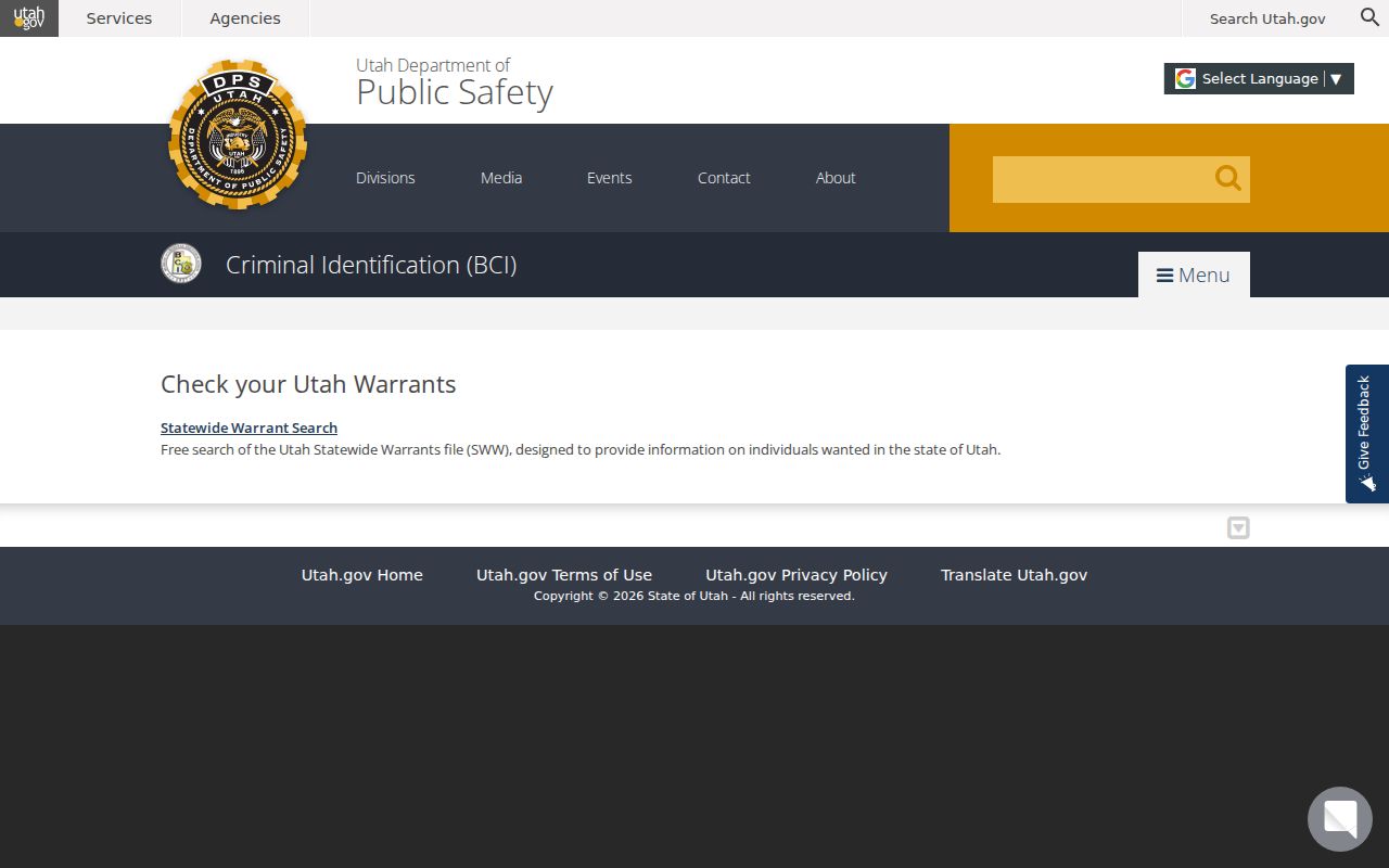 Juab County warrant records: Utah BCI statewide search link